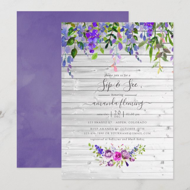 Convite Floral Violeta Aquarela Rústica para Beber (Frente/Verso)