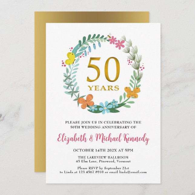 Convite Floral Wreath, Ouro de 50 anos (Frente/Verso)