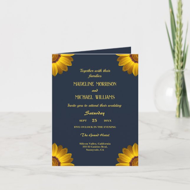 Convite Flores Amarelas no Monograma de fundo azul Marinho (Frente)