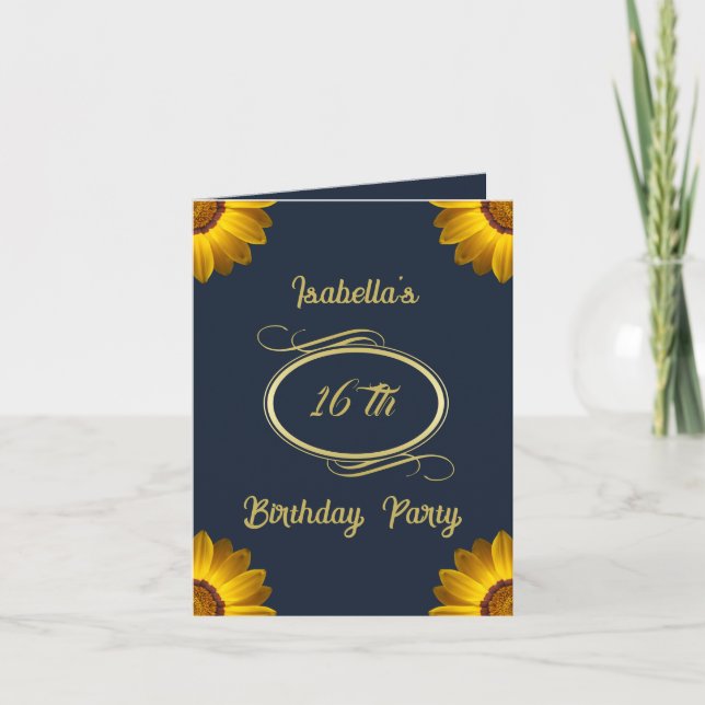 Convite Flores Amarelas no Monograma de fundo azul Marinho (Frente)