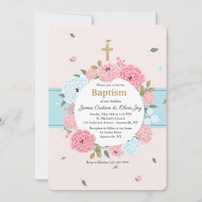 Convite Flores Cor-de-Rosa e Azul (Frente)