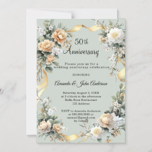 Convite flores de aniversário de casamento de 50 anos dour