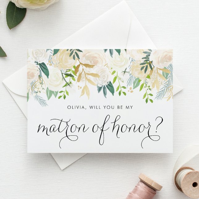 Convite Flores de Marfim Macio e Verdura Dama de Honra (Will you be my matron of honor? Floral Matron of Honor Proposal Card featuring soft ivory flowers.)
