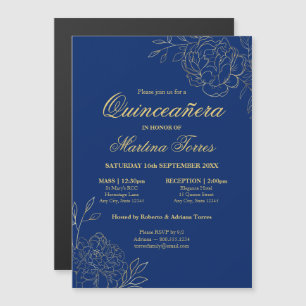 Convite Flores de Ouro Elegantes Quinceanera Floral Azul R