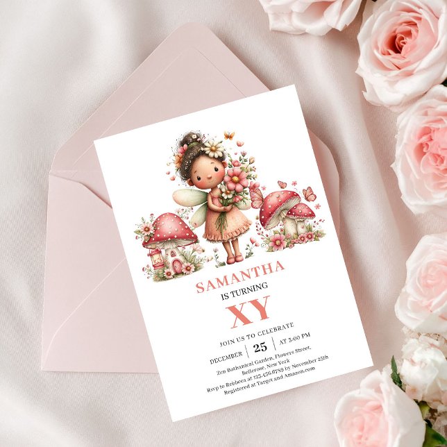 Convite Flores Rosa do 8º Aniversário da Fada Prec (Precious Fairy 8th Birthday Pink Flowers Invite Card)