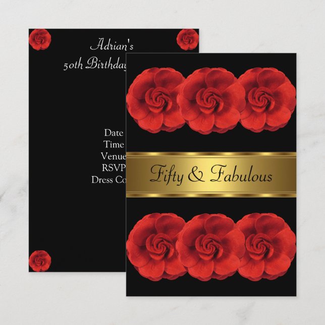 Convite Flores Vermelhas Dourado Preto Fabuloso 50 (Frente/Verso)