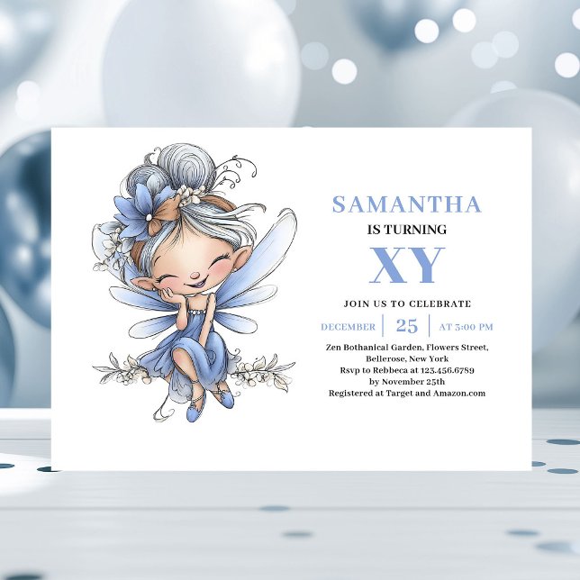 Convite Fofo de 3º Aniversário da Menina Fada Azul (Magical Blue Fairy Girl 3rd Birthday Cute invitation)