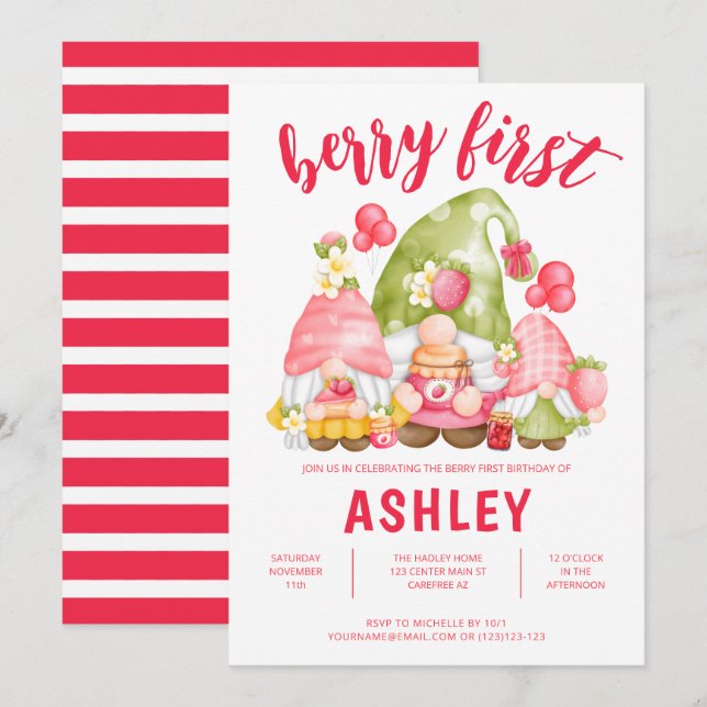 Convite Fofo de Primeiro Aniversário da Berry (Frente/Verso)
