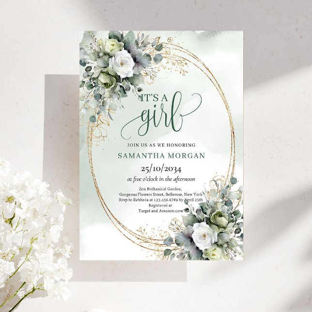 Convite Folhagem Dourada Verde É Uma Menina (Green Gold Foliage Design It’s A Girl Invitation)