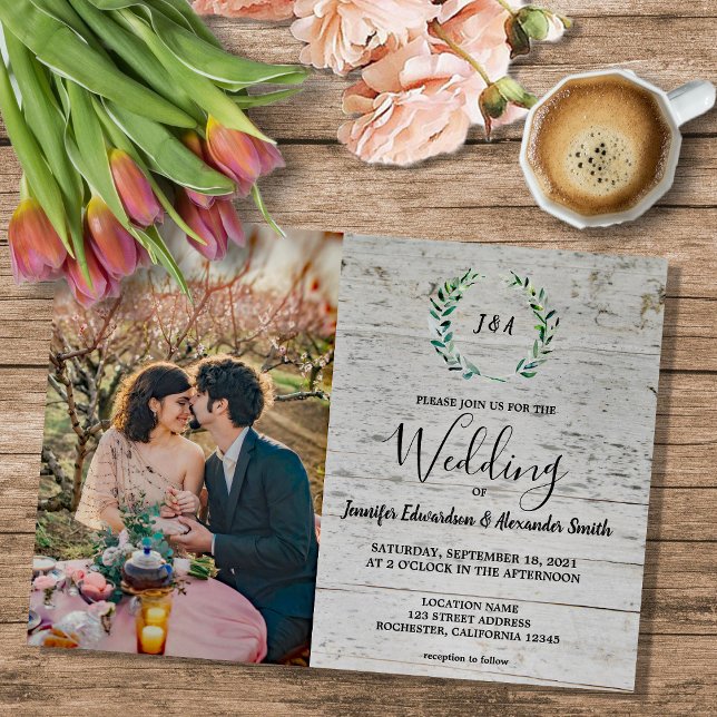 Convite Folhas russas sobre o monograma de madeira Casamen (Rustic leaves on wood monogrammed photo Magnetic wedding Invitation.)