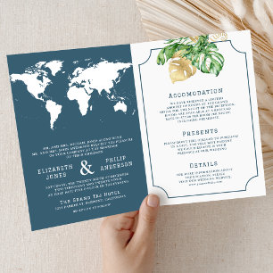 Convite Folhas Tropicais Mapa Azul Empoeirado Tudo em Um C