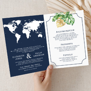 Convite Folhas Tropicais Mapa Mundial Navy Tudo em Um Casa