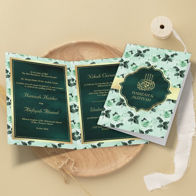 Convite Folhas Verde Esmeralda e Rosas de Hortelã Casament (Criador carregado)