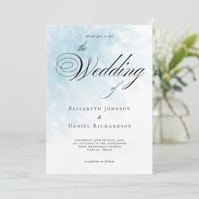 Convite Formal Cyan Blue Watercolor Casamento (Em pé/Frente)