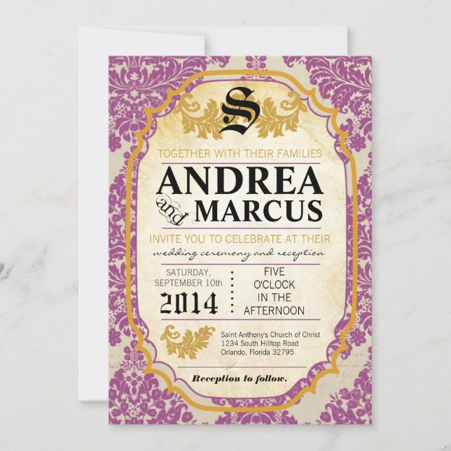 Convite Formal de Casamento de Damask Lace Roxo 5x (Frente)