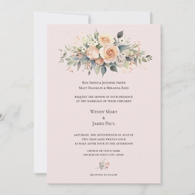 Convite Formal De Casamento De Flor De Pêssego (Frente)