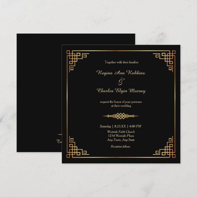 Convite Formal de Casamento de Quadro Dourado Clás (Frente/Verso)
