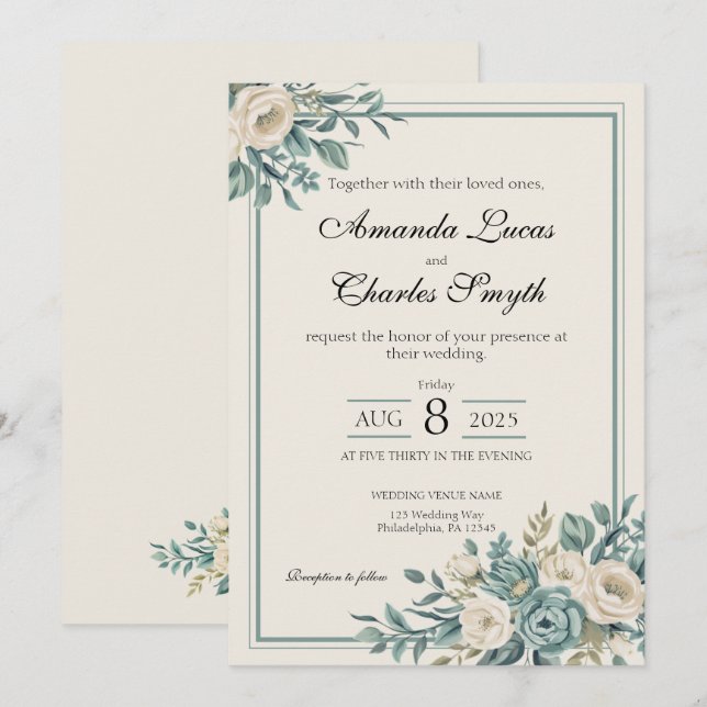 Convite Formal de Casamento Floral Claro (Frente/Verso)