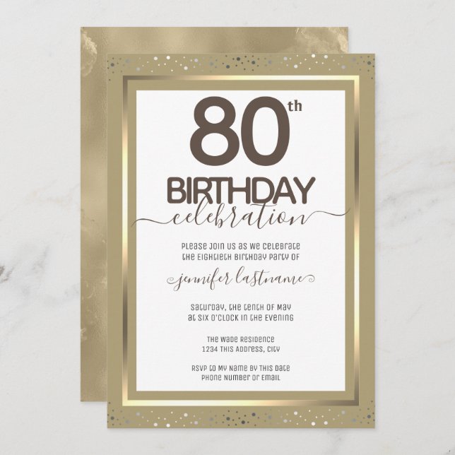 Convite formal Dourado para 80 Birthday (Frente/Verso)