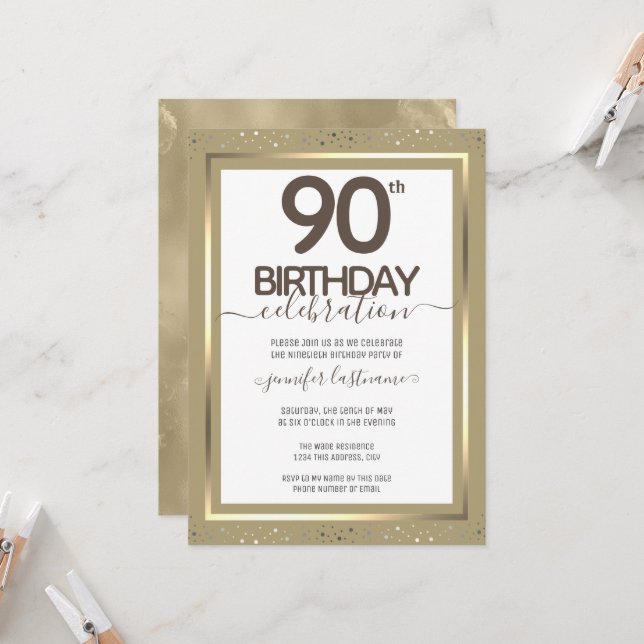 Convite formal Dourado para 90 Birthday (Frente/Verso In Situ)