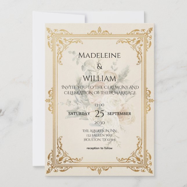 Convite Formal Elegante Dourado para Casamento de  (Frente)