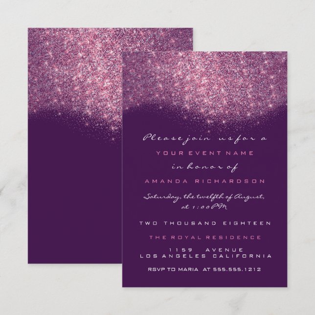 Convite Formal Glitter Rosa Violeta Roxo (Frente/Verso)