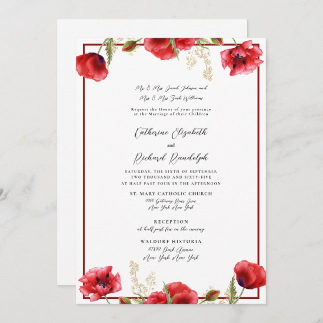 Convite Formal Red Floral Red & White Weding (Frente/Verso)