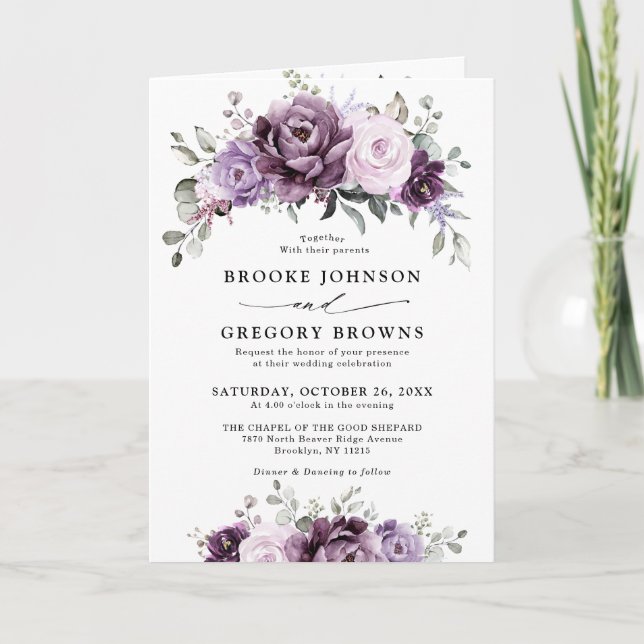 Convite Formas de Casamento Floral Moody Blooms Roxo Dusty (Frente)