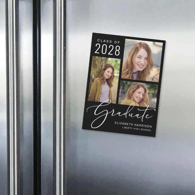 Convite Formatura Foto Black Script Elegante (An elegant magnetic photo collage graduation announcement to celebrate the graduate's achievements)