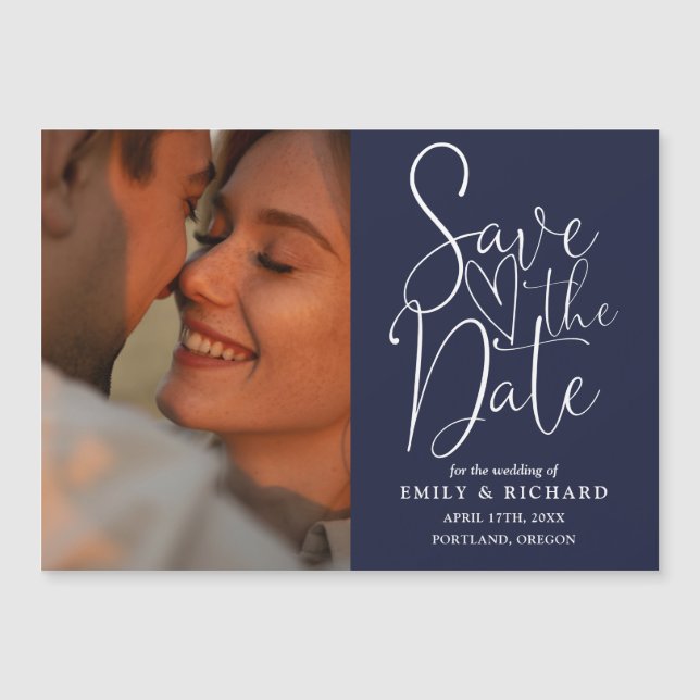 Convite Foto Azul Marinho Elegante Casamento Salvar a Data (Frente)