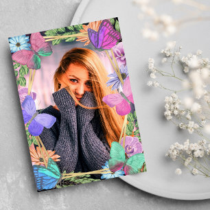Convite Foto de Aniversário da Borboleta Floral Púrpura bo