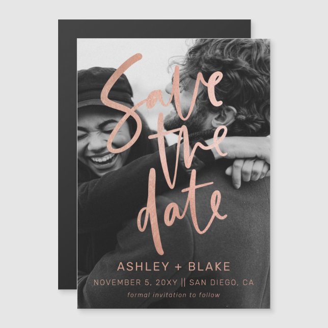 Convite Foto de caligrafia rosa Dourada Salvar a Data (Frente/Verso)