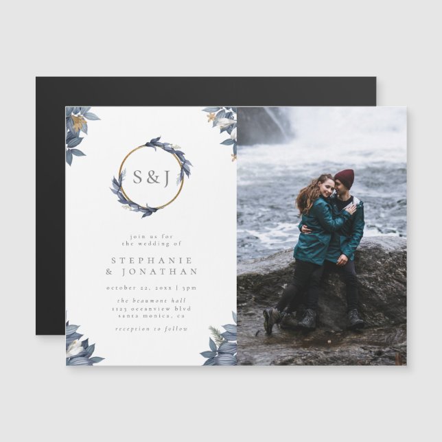 Convite Foto de casamento do Monograma de Terra Azul e Gli (Frente/Verso)