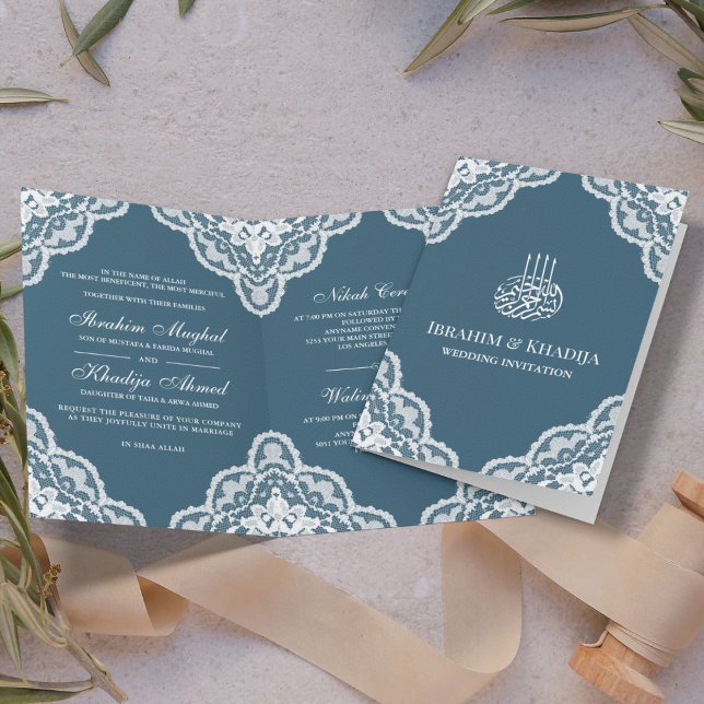 Convite Foto de casamento islâmico azul com renda branca r (Criador carregado)