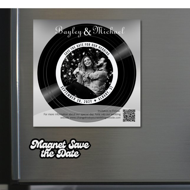 Convite Foto de Disco de Vinil Retrô para Casamento Save t (Vinyl record wedding save the date magnet with your photo on the record label. )
