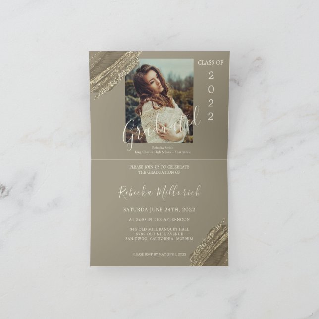 Convite Foto de festa de formatura marrom verde dourada el (Interior)