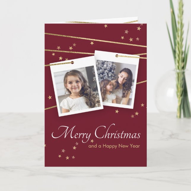 Convite Foto de Natal Vermelho Saudando Linhas Geométricas (Frente)