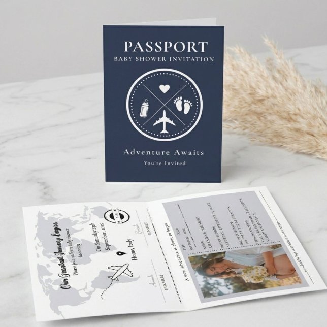 Convite Foto de Passaporte Azul Marinho Elegante para Chá  (Criador carregado)