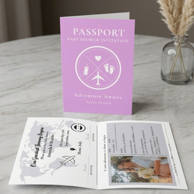 Convite Foto de Passaporte Lavanda Roxa Chá de Bebê (Criador carregado)