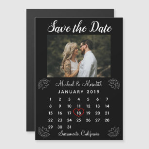 Convite Foto do calendário de casamento preto simples Salv