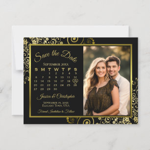 Convite Foto do Calendário Preto e Dourado Luxuoso Salvar 