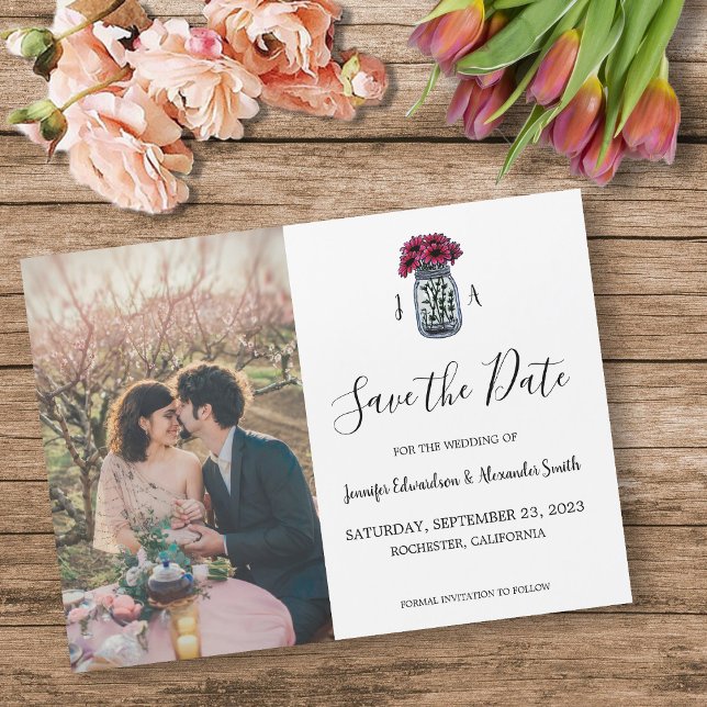 Convite Foto do monograma Rustic Mason jar Salvar Data (Rustic Mason jar monogram photo Save the Date Magnetic Invitation. You can add your own photo.)
