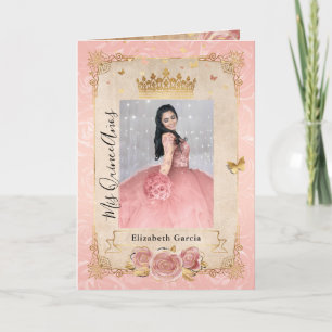 Convite Foto Dourada Floral Cor-de-Rosa Quinceañera Dobrad