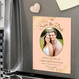 Convite Foto Oval Elegante de Casamento em Pêssego e Doura