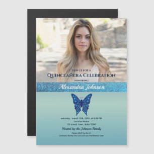 Convite Foto Quinceanera Glitter Blue Butterfly