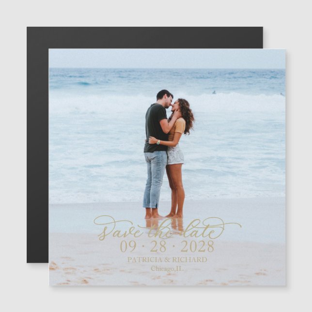 Convite Foto Save The Date Caligrafia Dourada (Frente/Verso)