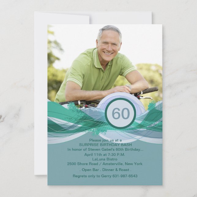 Convite Fotográfico Azul de Marco de Aniversário (Frente)