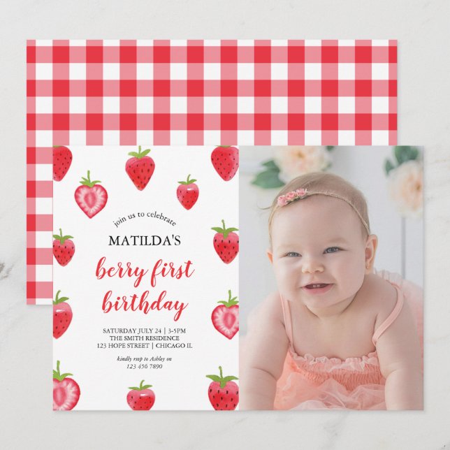 Convite Fotográfico Berry First Birthday Strawberr (Frente/Verso)