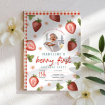 Convite Fotográfico Berry First Birthday Strawberr