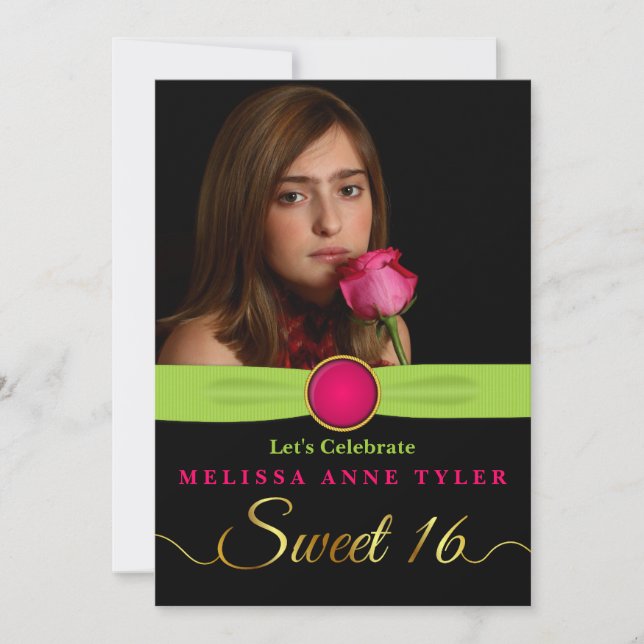 Convite Fotográfico de 16 Faux Jewel e Ribbon (Frente)